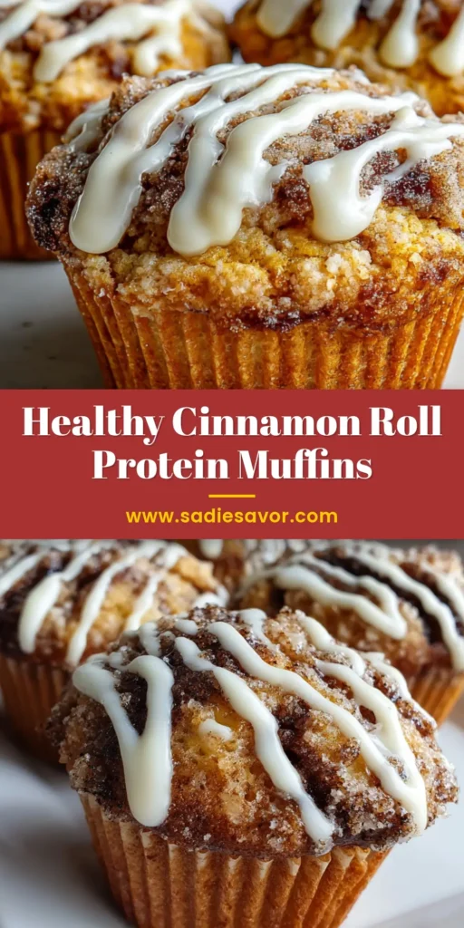 Outstanding Cinnamon Roll Protein Muffins 4 A close up photo of freshly baked golden brown Cinnamon Roll Protein Muffins with a dark brown sticky cinnamon sugar swirl and white cream cheese icing.