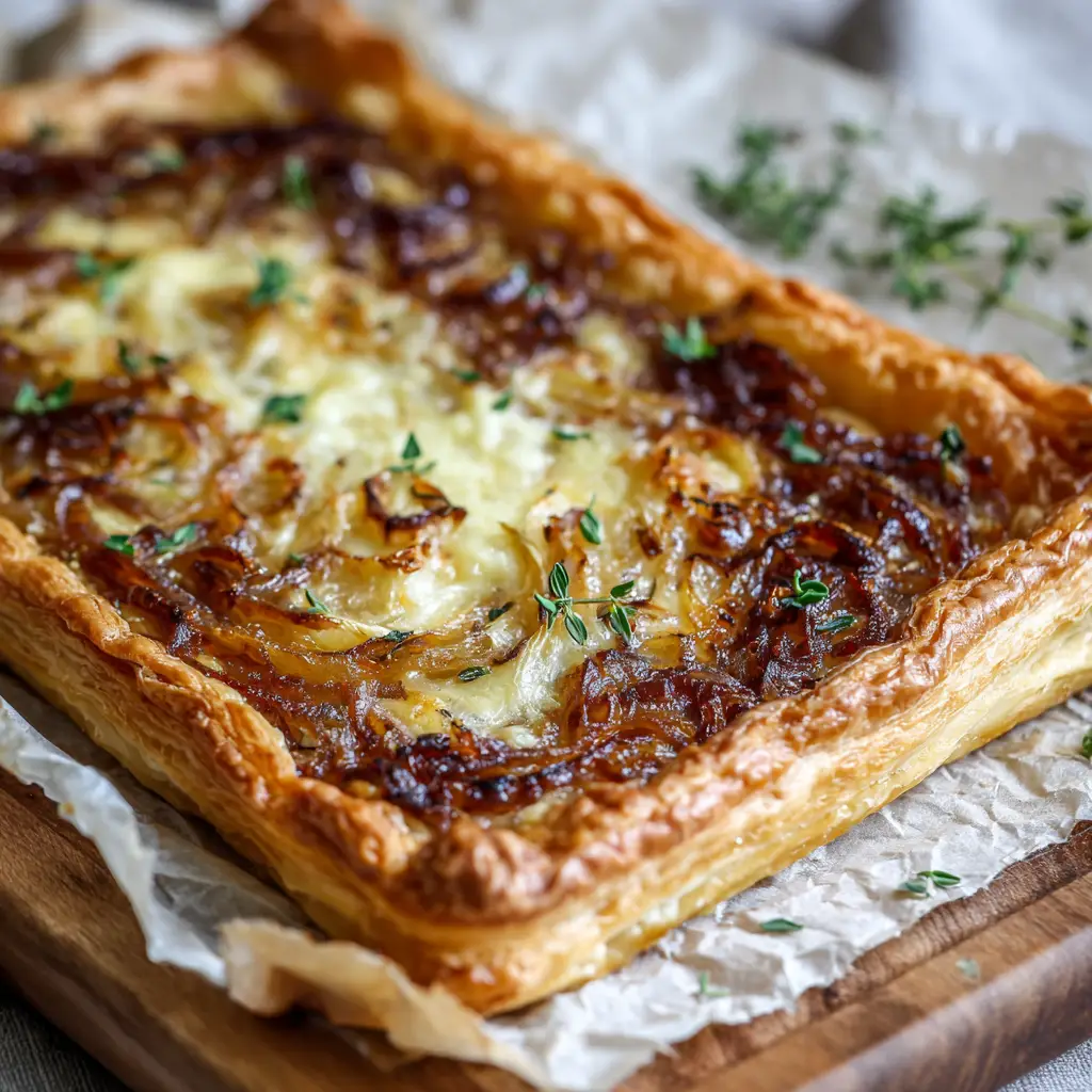 Thick layer of deep browned glossy caramelized onions topped with melted, bubbly pale yellow Gruyere cheese with toasted spots.