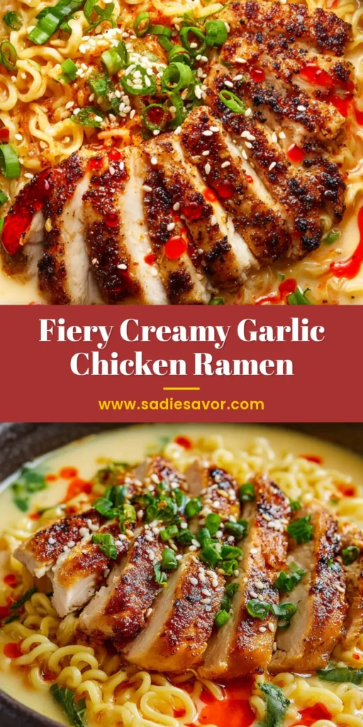 The Ultimate Creamy Chicken Ramen with Fiery Glazed Breast 4 A tall pin graphic of Creamy Chicken Ramen featuring curly noodles in a light orange broth with fiery glazed chicken breast.