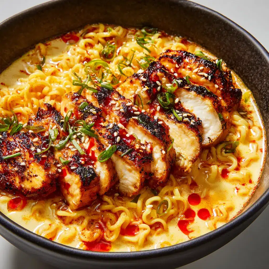 The Ultimate Creamy Chicken Ramen with Fiery Glazed Breast 2 A close-up of a dark ceramic bowl filled with curly yellow ramen noodles submerged in an opaque milky-white and light orange garlic broth.