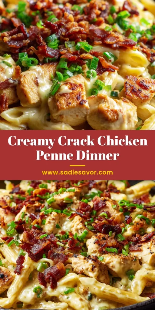 The Ultimate Crack Chicken Penne Skillet 4 A rustic skillet filled with Crack Chicken Penne topped with crispy bacon and fresh scallions.