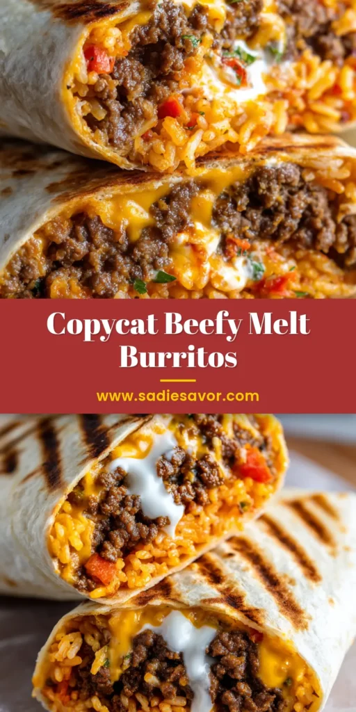 A close-up cross-section of a grilled Taco Bell Beefy Melt Burrito Copycat filled with seasoned beef, nacho cheese, sour cream, Mexican rice, and red tortilla strips.