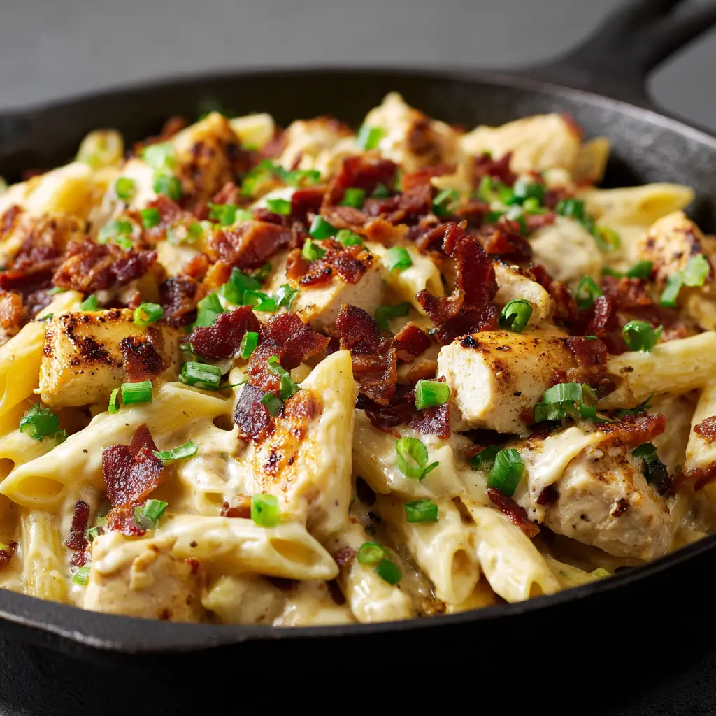 The Ultimate Crack Chicken Penne Skillet 2 Close-up of tubular penne pasta coated in a thick, glossy pale-yellow cheese sauce with lightly browned chicken chunks.