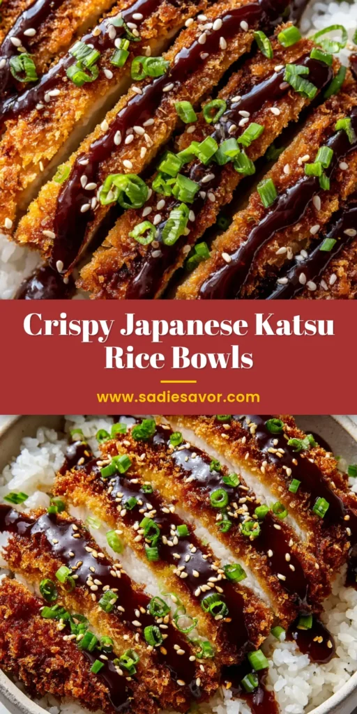 A close-up vertical view of Japanese Katsu Bowls with crispy panko-breaded cutlet over white rice, drizzled with tonkatsu sauce.