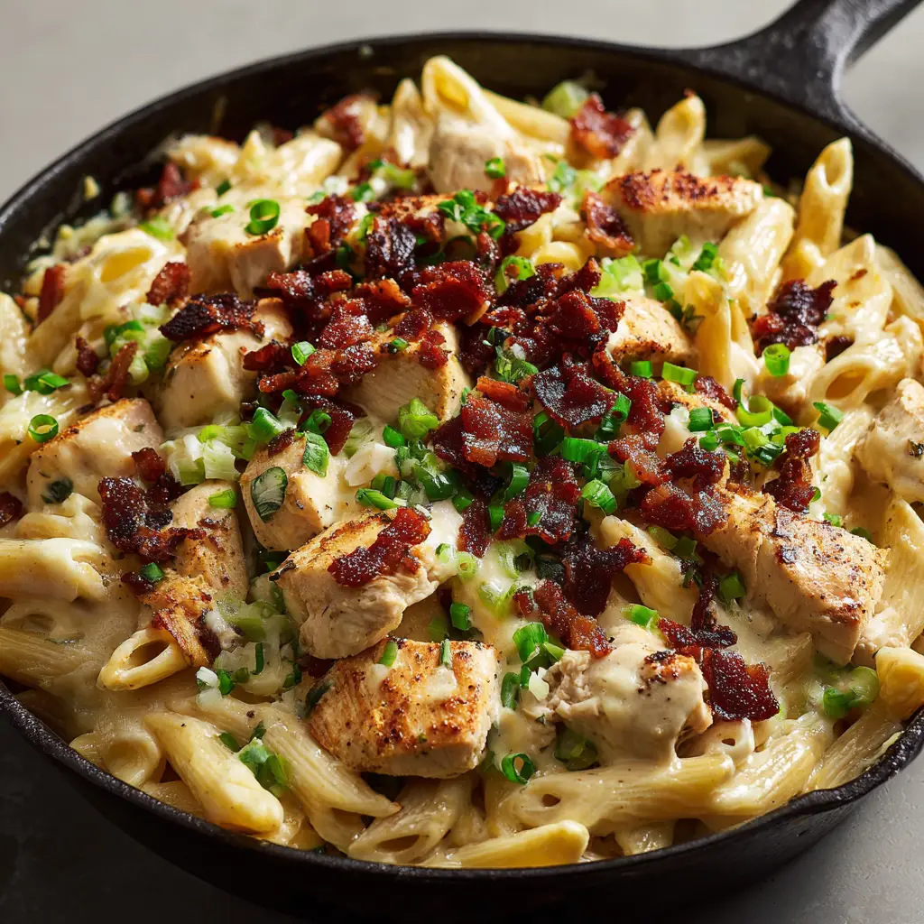 The Ultimate Crack Chicken Penne Skillet 1 Top-down view of a matte black cast iron skillet generously garnished with dark reddish-brown crumbled bacon bits and vibrant green scallions over cheesy pasta.