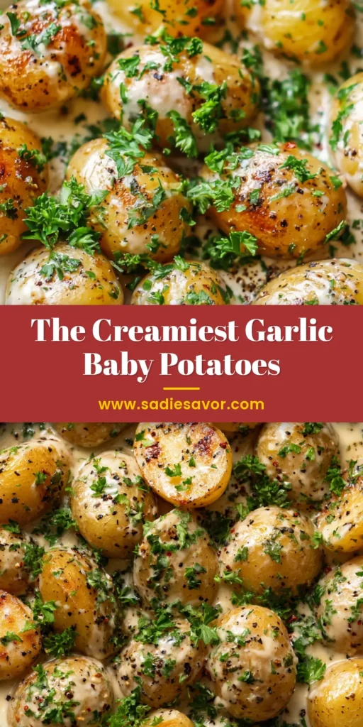 Close-up top-down view of tender halved baby potatoes with golden seared edges, coated in a thick glossy off-white garlic butter cream sauce in a dark cast-iron skillet, garnished with fresh green parsley and black pepper.