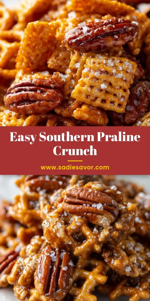 Praline Crunch Recipe: The Ultimate Sweet & Salty Snack Mix 4 A large piece of homemade praline crunch resting on parchment paper, showing the glossy caramel coating on pecans and cereal squares. (Praline Crunch Recipe)