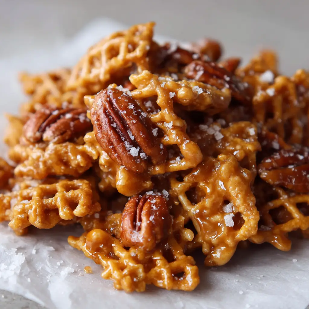 A close up shot of praline pecan crunch snack mix on white parchment paper. The mix shows whole toasted pecans and cereal coated in a glossy, hardened caramel glaze with sea salt flakes. (Praline Crunch Recipe)