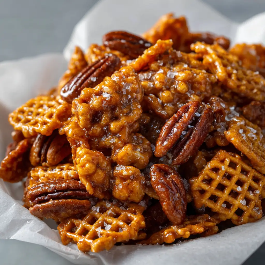 Praline Crunch Recipe: The Ultimate Sweet & Salty Snack Mix 1 A detailed macro shot of the glossy caramel glaze coating the woven square cereal and pecans in the praline crunch snack mix.