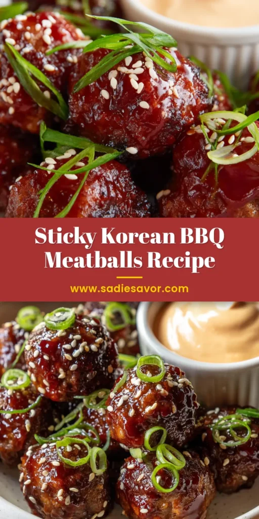 Ultimate Korean BBQ Meatballs with Spicy Gochujang Glaze 4 A close up shot of a white plate with several Korean BBQ Meatballs coated in a glossy dark glaze, garnished with sesame seeds and scallions. A small bowl of spicy orange mayo sits beside them.