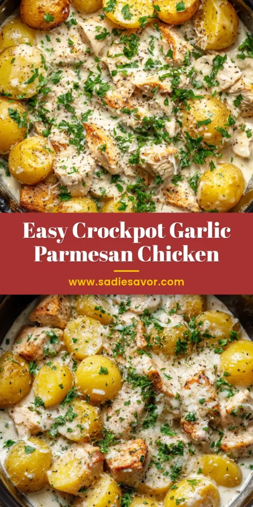 A top-down view of Garlic Parmesan Crockpot Chicken in a black slow cooker insert. The dish features chicken and potatoes in a creamy white sauce, garnished with parsley and parmesan.