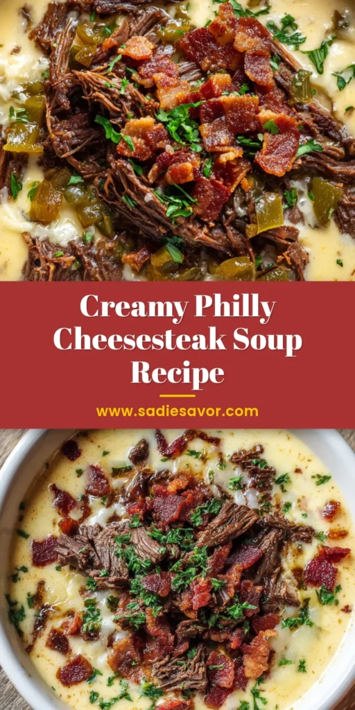 Philly Cheesesteak Soup: The Ultimate Comfort Food Transformation 4 A close-up, top-down view of a creamy Philly Cheesesteak Soup in a white bowl, topped with seared beef, bacon, peppers, onions, and melted provolone.
