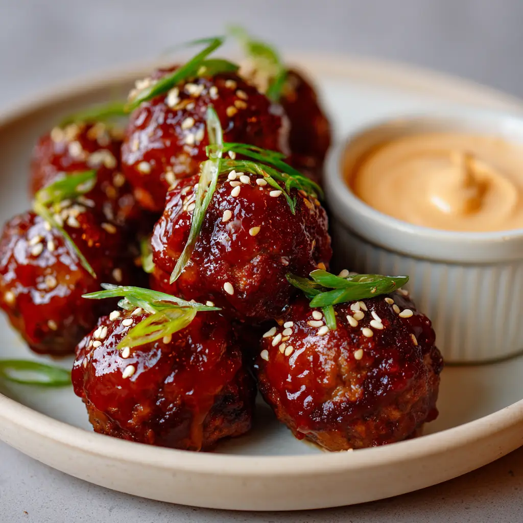 Ultimate Korean BBQ Meatballs with Spicy Gochujang Glaze 2 A close up, realistic shot of round beef meatballs coated in a thick, glossy, dark reddish-brown sticky glaze on a white plate. (Korean BBQ Meatballs)
