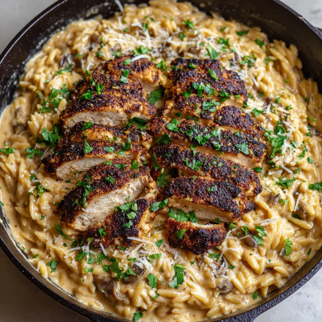 Close up of juicy sliced chicken breast with a heavy blackened Cajun spice crust sitting on top of creamy orzo pasta garnished with green parsley and parmesan.