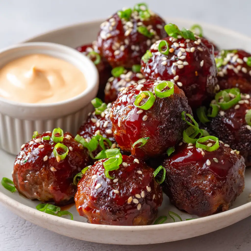 Ultimate Korean BBQ Meatballs with Spicy Gochujang Glaze 1 A white ceramic plate from a slightly different angle, holding glazed Korean BBQ Meatballs next to a ramekin of creamy, pale orange spicy mayonnaise dip.