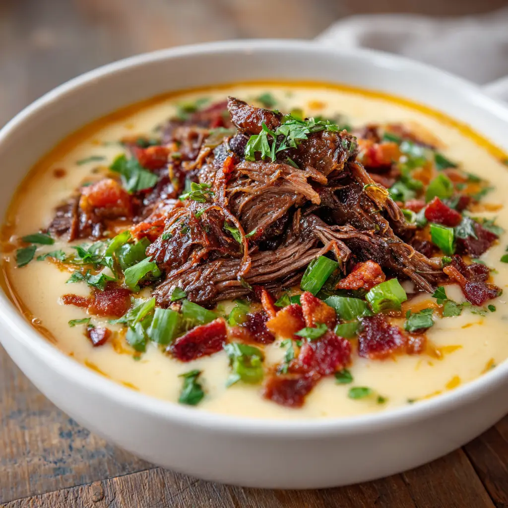Philly Cheesesteak Soup: The Ultimate Comfort Food Transformation 2 An overhead shot of a finished bowl of Philly Cheesesteak Soup on a rustic wooden table, showcasing the melted provolone and fresh parsley garnish.