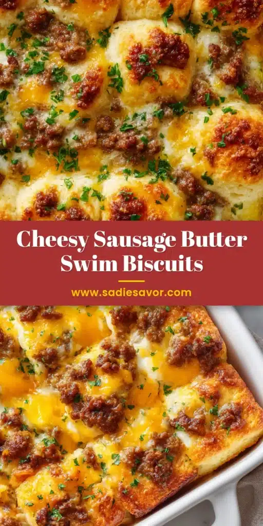 A close-up shot of square-cut sausage butter swim biscuits in a white baking dish, showing the cheesy topping and crispy edges.