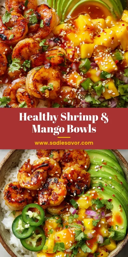 A close-up top-down view of Shrimp and Avocado Bowls in a rustic bowl. Features char-grilled shrimp, fanned avocado, mango salsa, and a lime-chili drizzle.