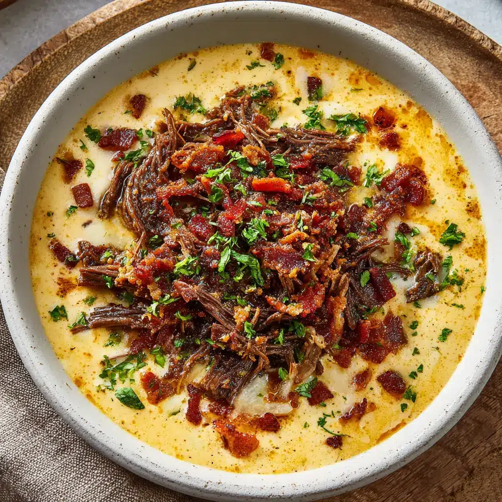 Philly Cheesesteak Soup: The Ultimate Comfort Food Transformation 1 A detailed close-up of the toppings on the Philly Cheesesteak Soup, including seared shredded beef and sauteed green peppers.