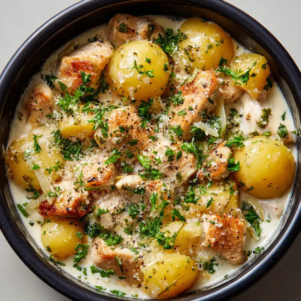 Another top-down perspective of the finished Garlic Parmesan Crockpot Chicken, showing the golden seared edges of the chicken beneath the white sauce.