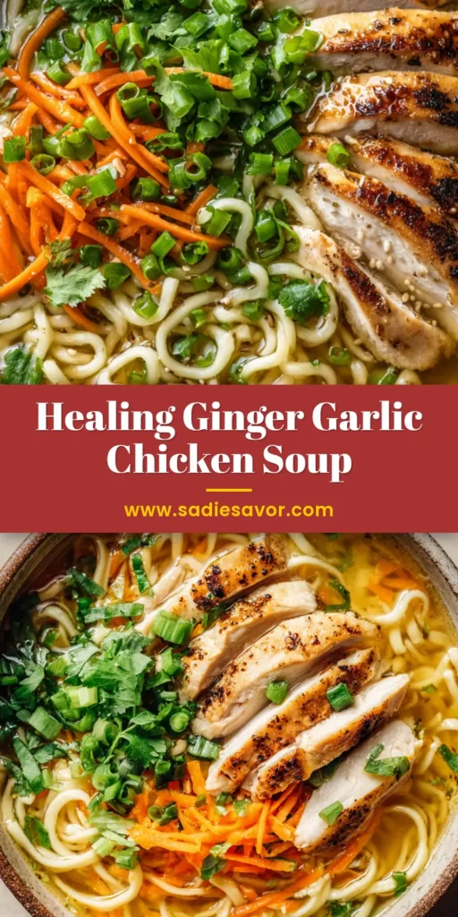 An overhead shot of a bowl of Ginger Garlic Chicken Noodle Soup, with perfectly seared chicken slices, fresh cilantro, and scallions on top.
