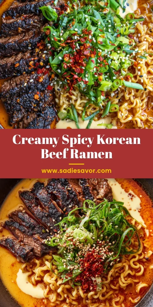 Spicy Korean Ramen Recipe with Fiery Broth & Grilled Beef 4 A close-up overhead shot of a steaming bowl of Spicy Korean Ramen with grilled beef, a creamy drizzle, and fresh scallions in a dark bowl.