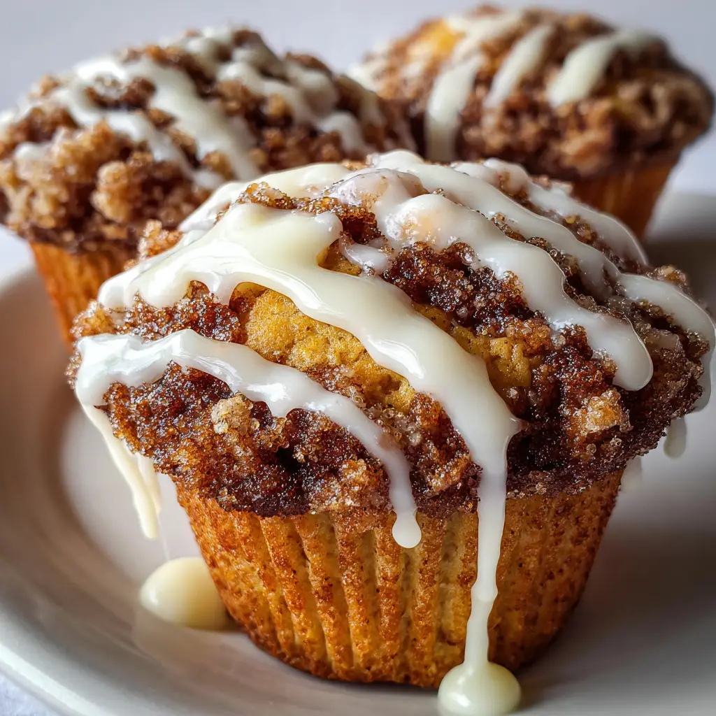Close up view of Cinnamon Roll Protein Muffins showing a beautifully domed top crust and sticky cinnamon swirl.