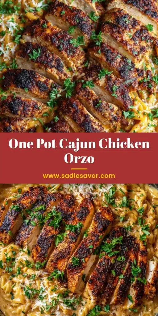 A rustic dark cast iron skillet filled with Cajun Chicken Alfredo Orzo. Thick slices of juicy pan-seared chicken breast with a blackened crust are fanned over tender, plump orzo in a thick orange-tinted cream sauce, garnished with fresh parsley.
