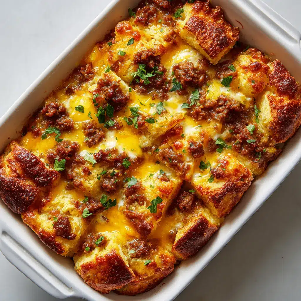 A close-up side angle of the Sausage Butter Swim Biscuits, highlighting the fluffy texture and the pools of melted butter at the edges of the pan.