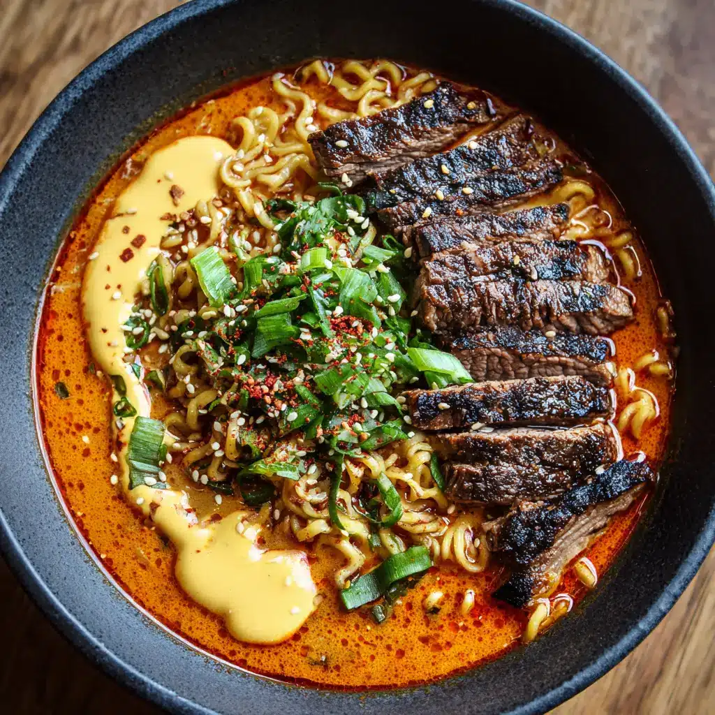 Spicy Korean Ramen Recipe with Fiery Broth & Grilled Beef 2 An overhead view of a finished bowl of Spicy Korean Ramen, showcasing the vibrant red-orange broth and neatly arranged toppings like seared beef and sesame seeds.