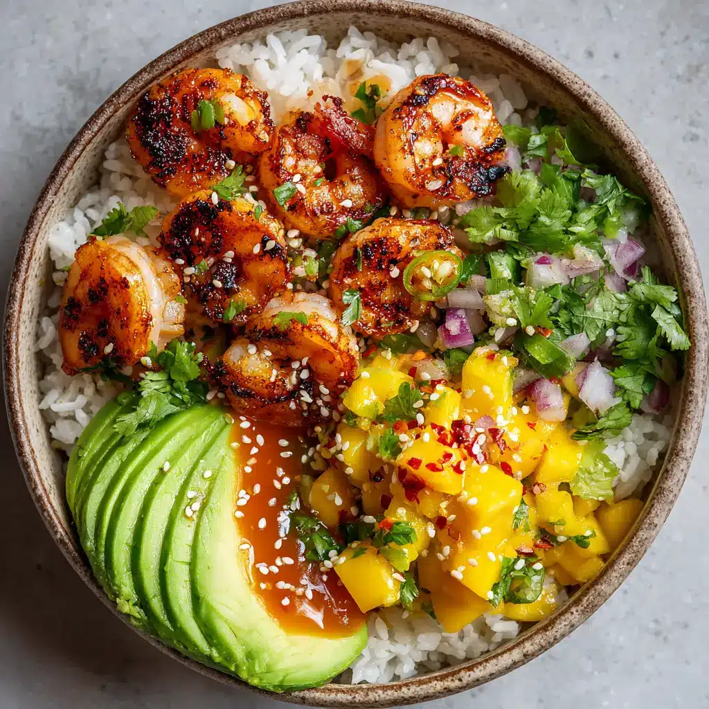 A detailed close-up of the char-grilled shrimp and creamy sliced avocado in the bowl, drizzled with a glossy orange-red lime-chili sauce.