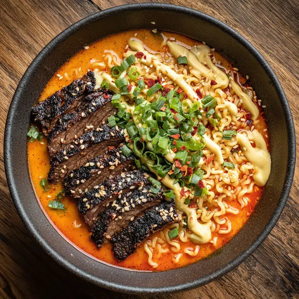 Spicy Korean Ramen Recipe with Fiery Broth & Grilled Beef 1 A detailed shot of the components in a Spicy Korean Ramen bowl, highlighting the texture of the curly noodles, charred beef, and creamy sauce drizzle.