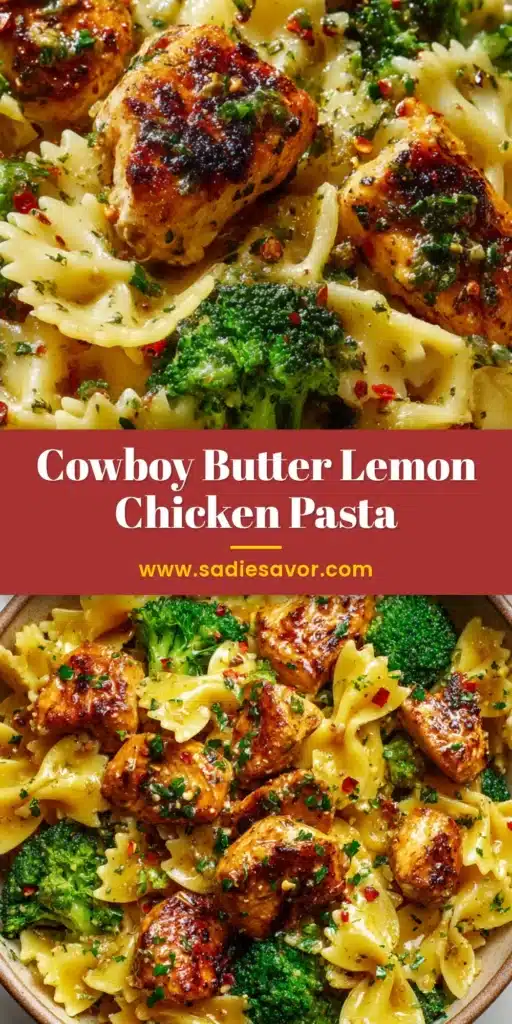 A rustic bowl of Cowboy Butter Lemon Chicken with bowtie pasta, seared chicken, and broccoli in a glossy golden sauce. (Cowboy Butter Lemon Chicken)
