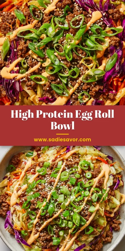 High Protein Egg Roll in a Bowl: A 20-Minute Weeknight Wonder 4 An overhead close-up shot of a finished High Protein Egg Roll in a Bowl in a matte ceramic bowl, showing the vibrant shredded cabbage, browned meat, and a drizzle of spicy mayo.