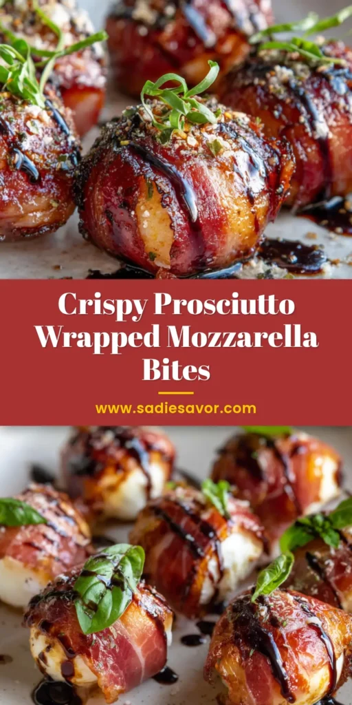 The Ultimate Prosciutto Wrapped Mozzarella Bites with Balsamic Glaze 4 A close-up of crispy Prosciutto Wrapped Mozzarella Bites on a white plate, drizzled with a dark balsamic glaze and garnished with fresh basil.