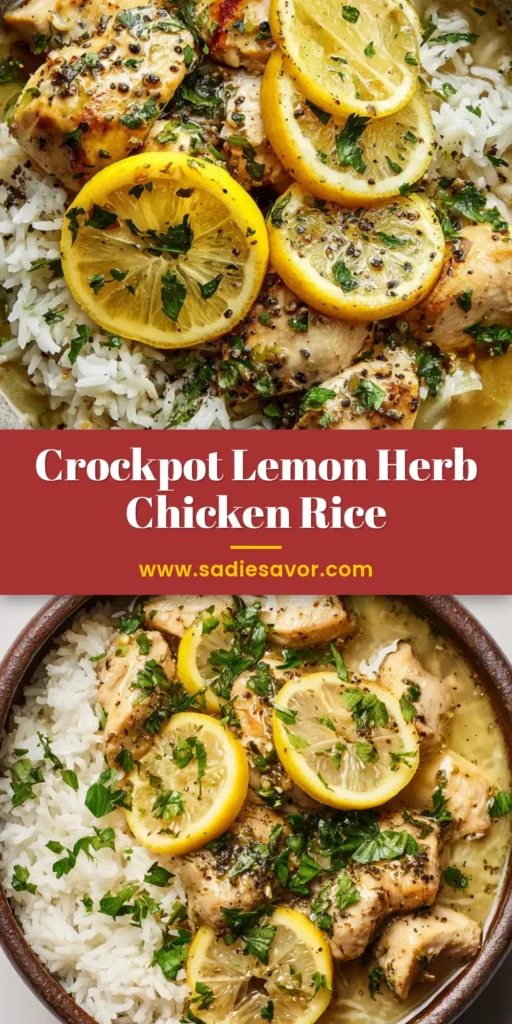 Slow Cooker Lemon Herb Chicken Over Broth-Soaked Rice 4 A rustic stoneware bowl filled with fluffy white rice, topped with tender Slow Cooker Lemon Herb Chicken chunks coated in a glossy glaze, garnished with lemon wheels and fresh parsley.