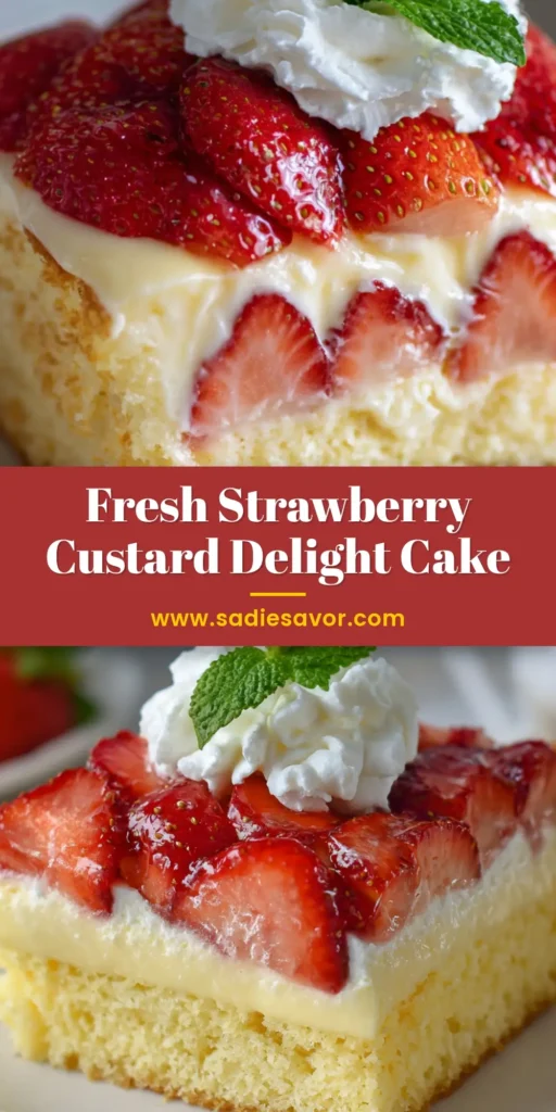 A beautiful overhead shot of a full strawberry custard cake, ready to be sliced and served, showcasing the glistening strawberry topping. (Strawberry Custard Cake)