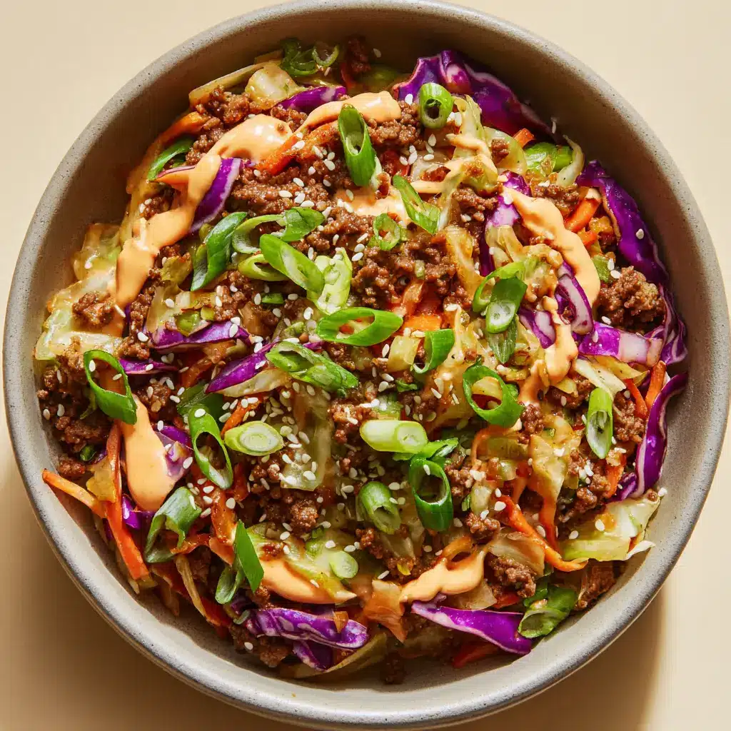 High Protein Egg Roll in a Bowl: A 20-Minute Weeknight Wonder 2 A close-up overhead shot of a High Protein Egg Roll in a Bowl, showcasing the glossy textures of the cooked vegetables and savory ground turkey, garnished with scallions and sesame seeds.