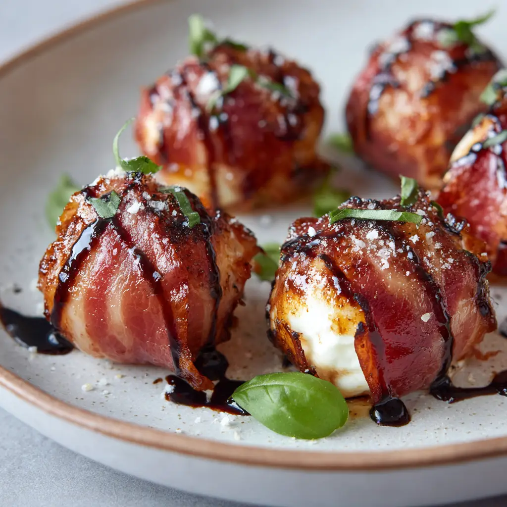 The Ultimate Prosciutto Wrapped Mozzarella Bites with Balsamic Glaze 2 Pan-seared Prosciutto Wrapped Mozzarella Bites showing a crinkled, golden-brown texture, ready to be served as an easy appetizer.