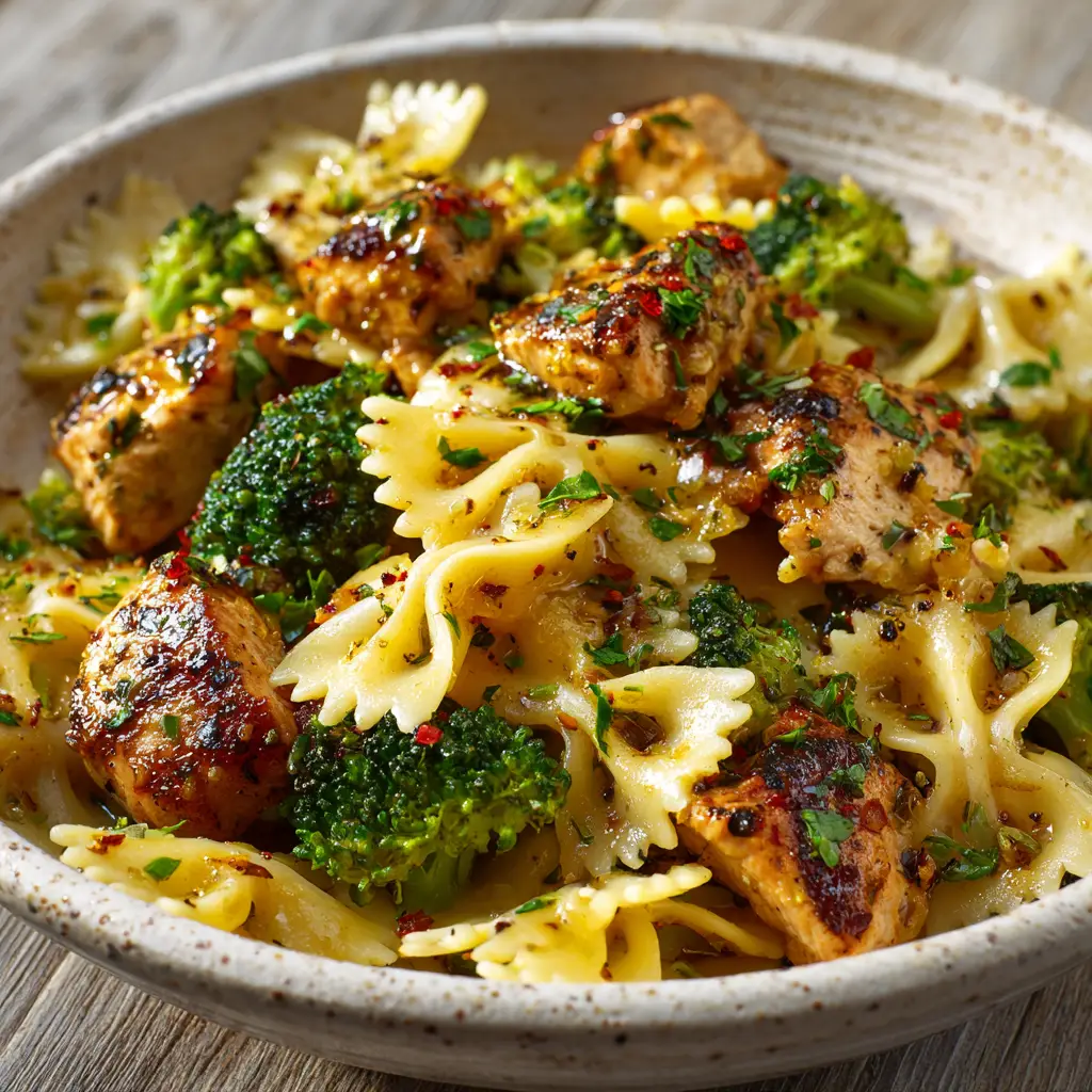 A rustic shallow bowl filled with cooked bowtie pasta, seared chicken, and bright green broccoli florets tossed in lemon butter sauce.