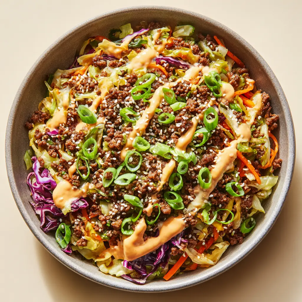 High Protein Egg Roll in a Bowl: A 20-Minute Weeknight Wonder 1 Another angle of the deconstructed egg roll bowl, highlighting the creamy pale orange spicy mayo drizzled over the colorful mixture of cabbage, carrots, and meat.