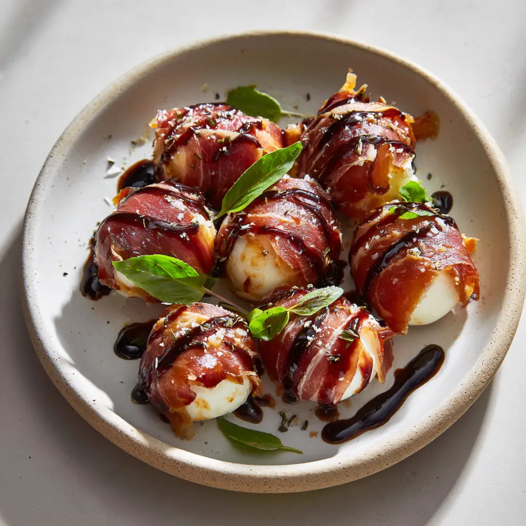 The Ultimate Prosciutto Wrapped Mozzarella Bites with Balsamic Glaze 1 A final plate of Prosciutto Wrapped Mozzarella Bites, artistically drizzled with balsamic glaze and garnished with oregano and basil.