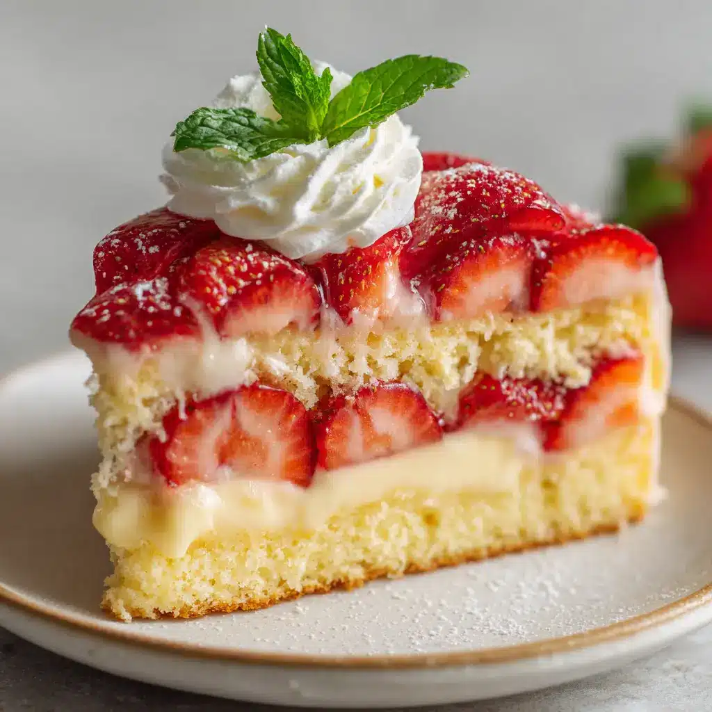An angled close-up of the strawberry custard cake slice, focusing on the glistening fruit glaze on the ruby red strawberries and the delicate dollop of whipped cream.