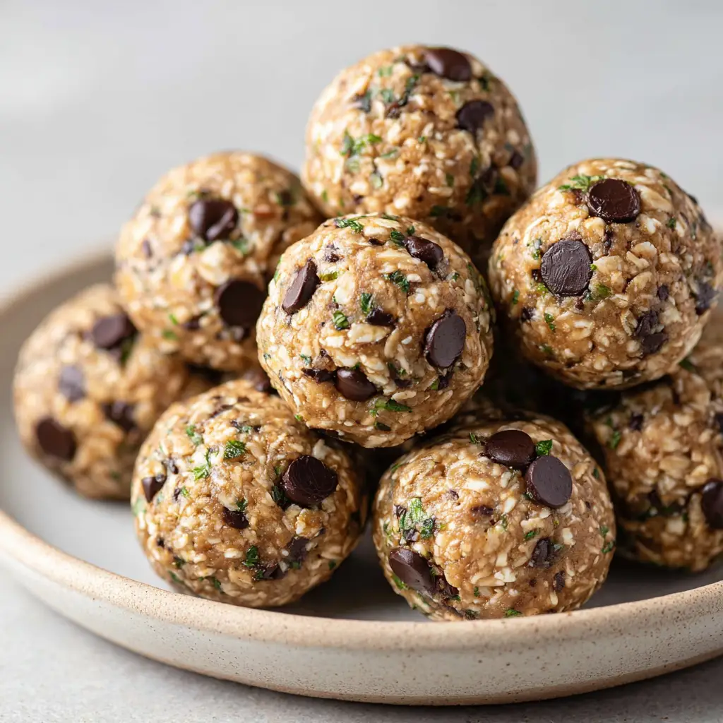 A close-up view of Mint Chocolate Chip Protein Balls, highlighting the dense, chunky texture of rolled oats and glossy mini chocolate morsels.
