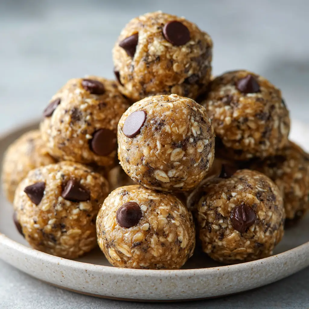 Effortless Mint Chocolate Chip Protein Balls: A No-Bake Recipe 1 Several mint chocolate chip protein balls stacked on a ceramic plate, showcasing their subtle pale green mint hue and sticky texture.