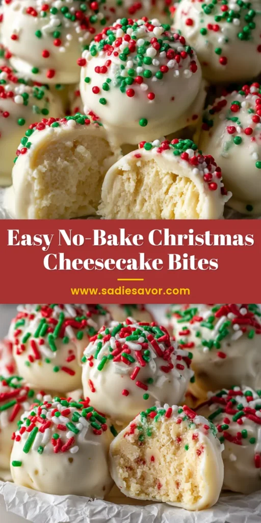 A platter of No-Bake Christmas Cheesecake Bites coated in white chocolate and festive sprinkles, with one cut open to show the creamy filling.