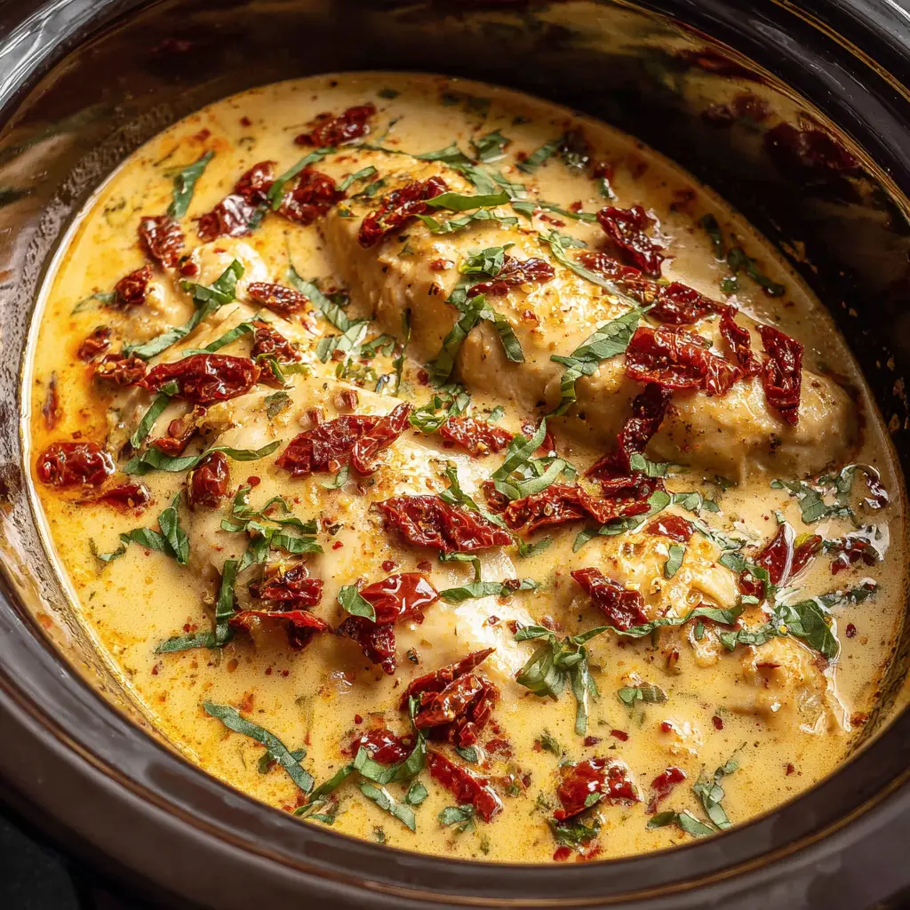Crockpot Marry Me Chicken: The Ultimate Slow Cooker Romance 2 A close-up view of Crockpot Marry Me Chicken in a dark slow cooker insert. The chicken is coated in a thick, pale-orange sauce with sun-dried tomatoes and fresh basil.