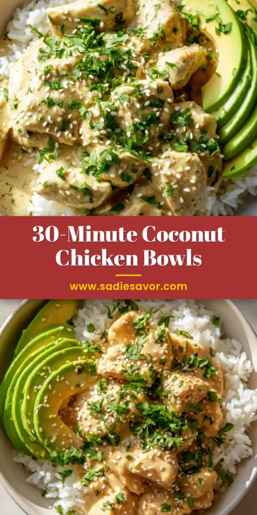 A close-up, slightly angled top-down view of a creamy coconut chicken rice bowl in a white bowl, garnished with avocado, cilantro, and sesame seeds.