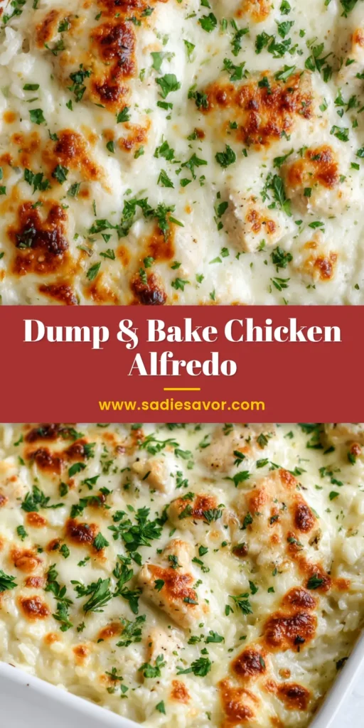 A close-up overhead shot of a creamy Chicken Alfredo Rice Casserole in a white baking dish, topped with golden-brown blistered cheese and fresh parsley.