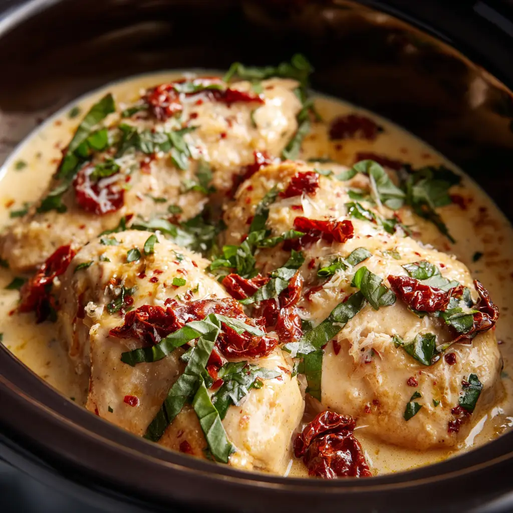 Crockpot Marry Me Chicken: The Ultimate Slow Cooker Romance 1 An overhead view of the tender cooked chicken breasts in the crockpot, highlighting the melted parmesan and fresh herbs.